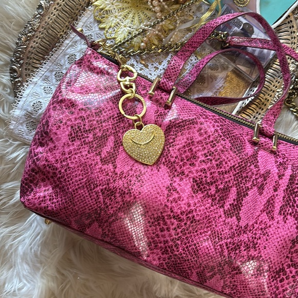 Juicy Couture y2k Vintage Leather Pink Pave Heart Keychain New Large Purse Tote - Picture 1 of 17